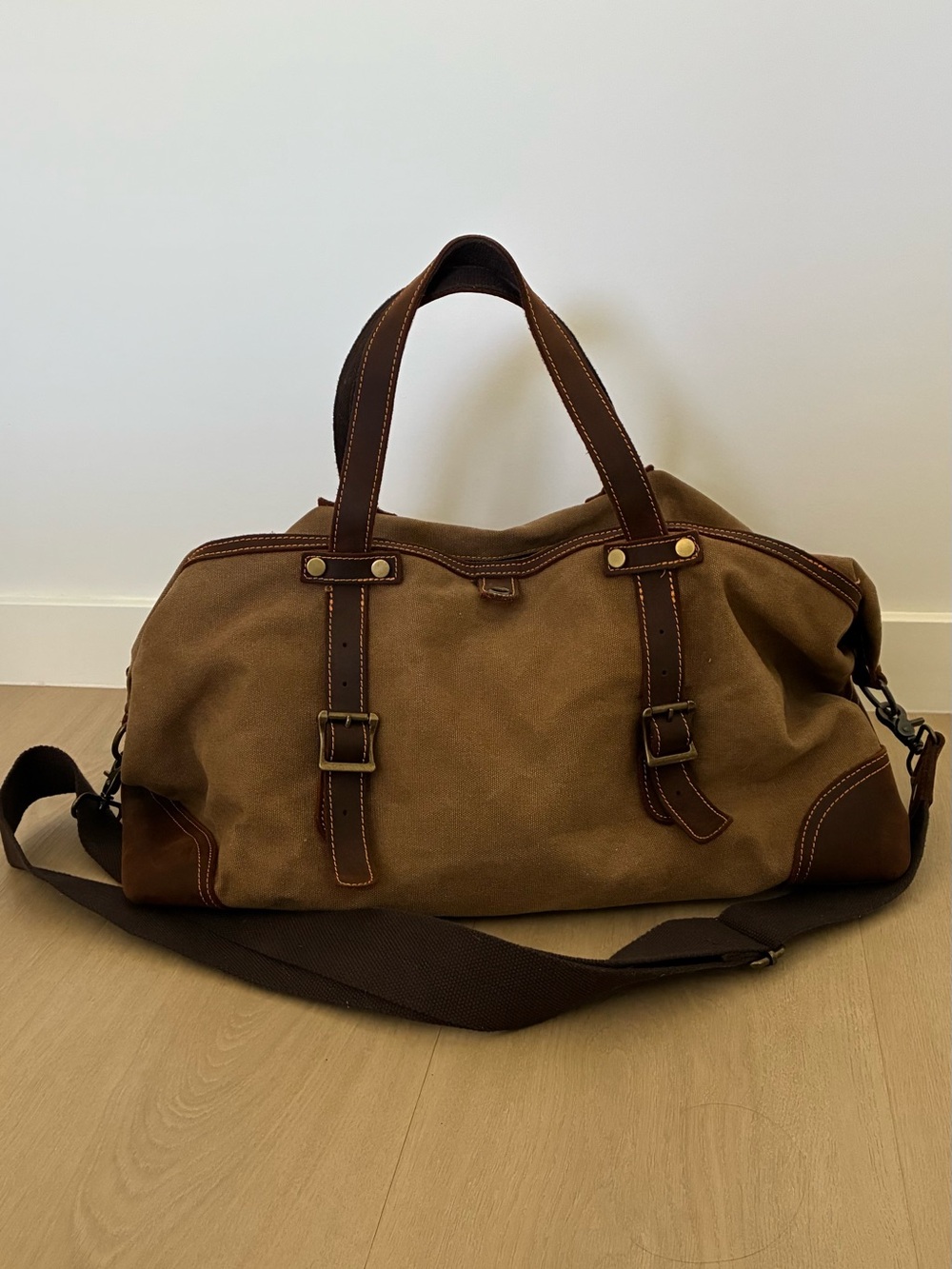 Unisex Canvas Weekender Bag in Brown with Leather Trim